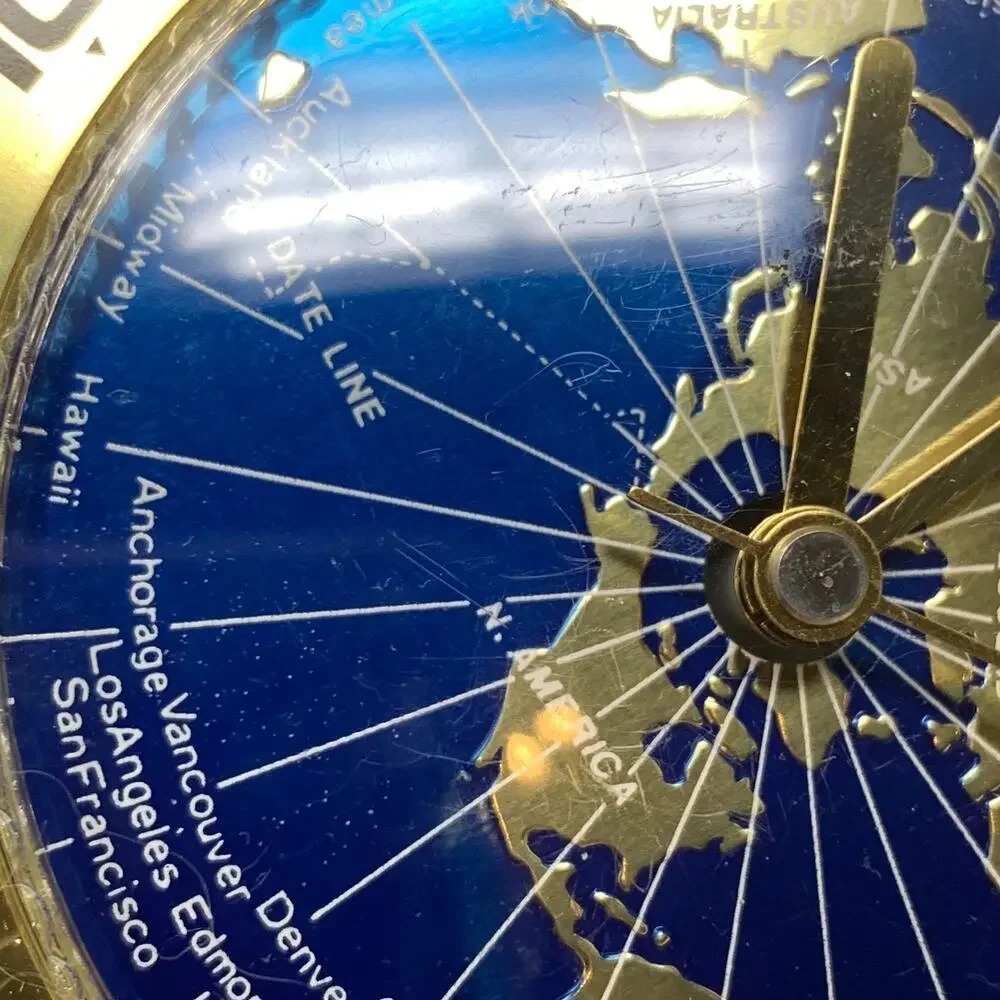 Vintage Benchmark World Time Desk Clock Quartz Brass Tone Map Globe 7”